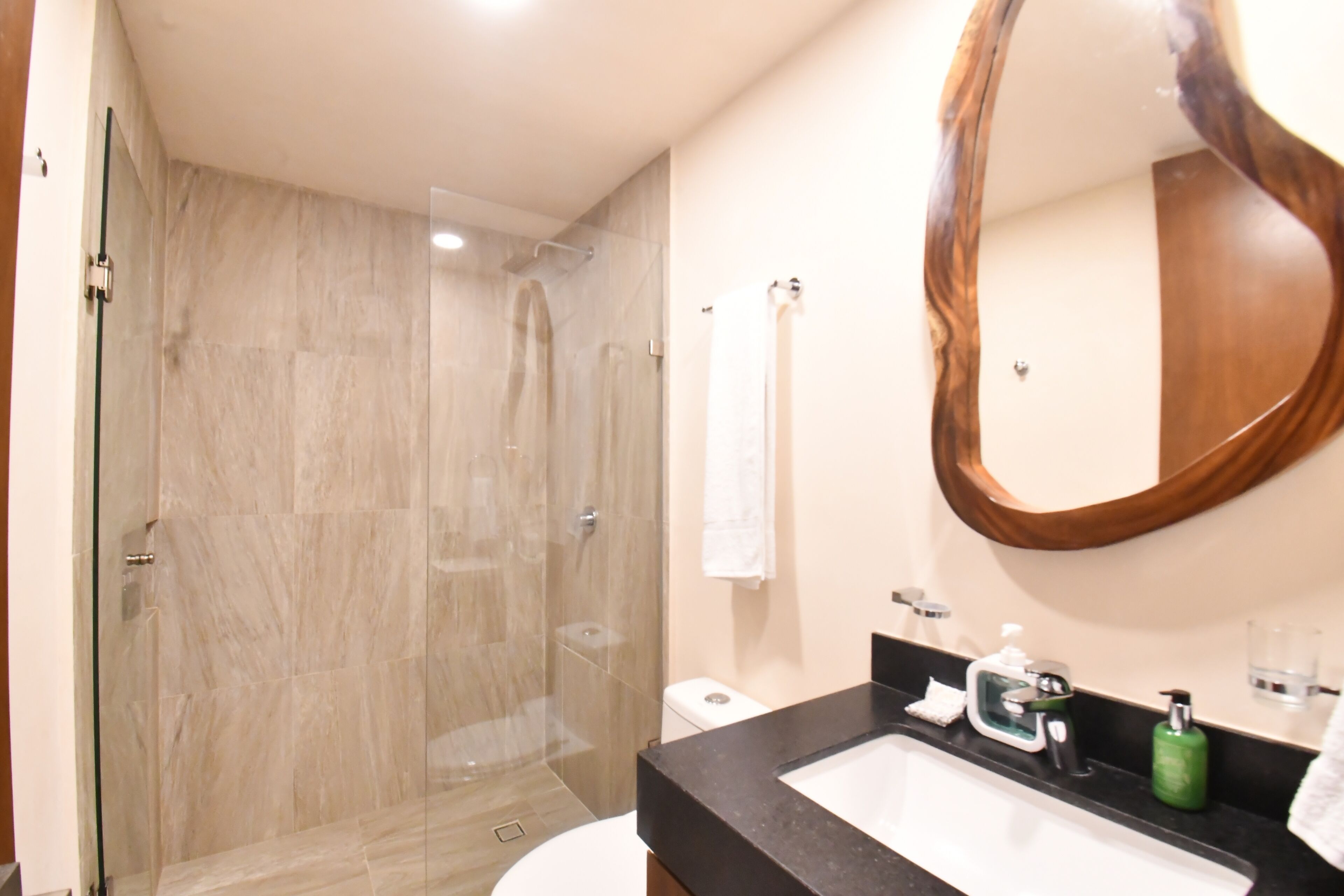 Une salle de bain moderne avec une douche à parois de verre, un lavabo blanc et un grand miroir.