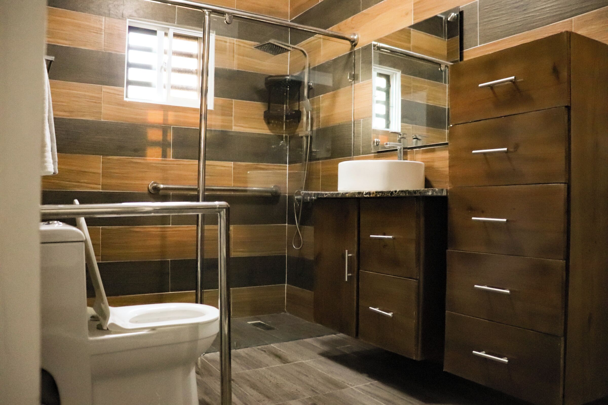 Hair dryer, towels, soap, toilet paper