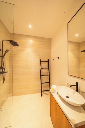 Hair dryer, towels, soap, toilet paper