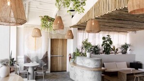 A modern interior with a round table, seating area, and hanging plants.
