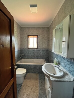 Hair dryer, bidet, towels, soap