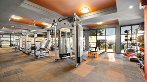 A gym with various exercise machines, large windows, and a view of the outdoors. - Olympus loft 2. Lovely apartment with fitness room and AC in Chandler (Chandler)
