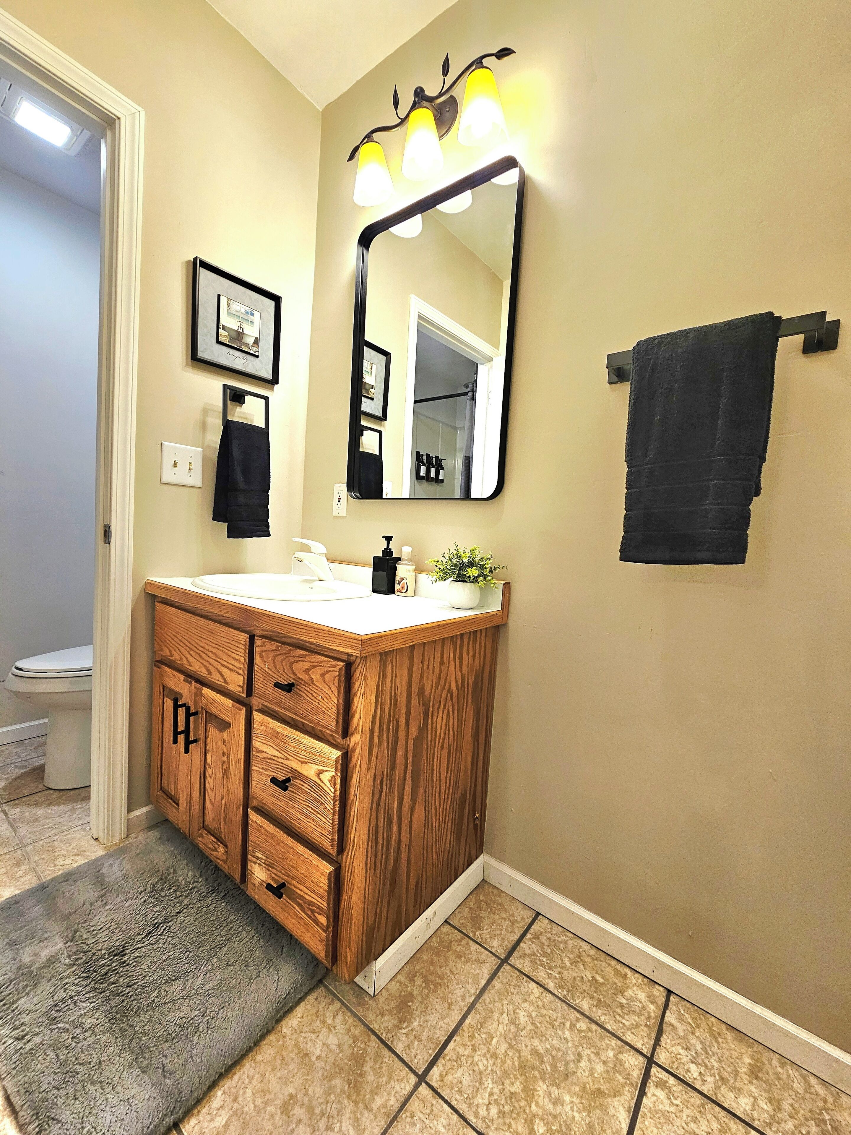 Dusj, hårføner, håndklær og såpe