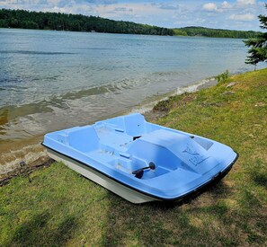 A blue pontoon boat parked on a grassy lakeside with calm water and a forested hill in the background.