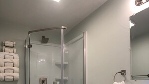 A bathroom with a glass-enclosed shower, a toilet, and a vanity with a mirror.