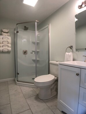 Shower, hair dryer, towels, soap