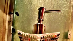 A bathroom sink with a decorative soap dispenser and a countertop.