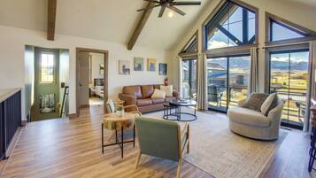 TV, fireplace, books