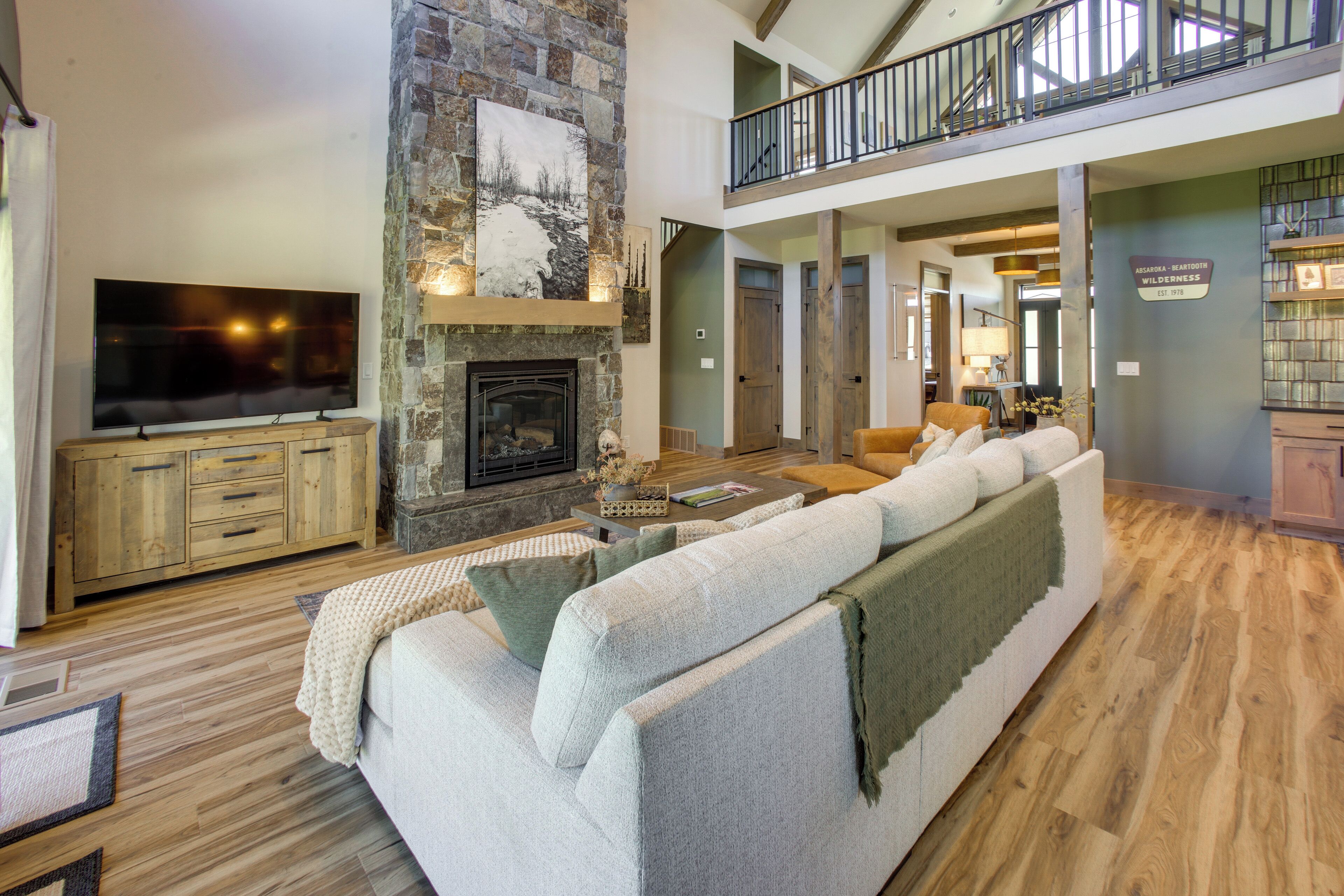 TV, fireplace, books