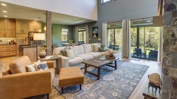 TV, fireplace, books