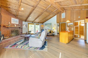 TV, fireplace, books