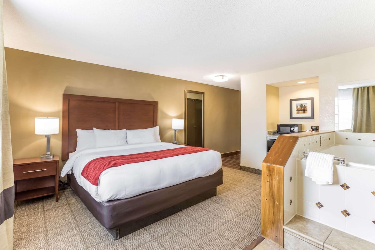 A hotel room with a large bed, a desk with a lamp, a bathroom with a bathtub, and a framed picture on the wall.