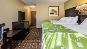 A hotel room with a bed, a desk, a television, and a framed picture on the wall. - Econo Lodge Gadsden Area (Grant)