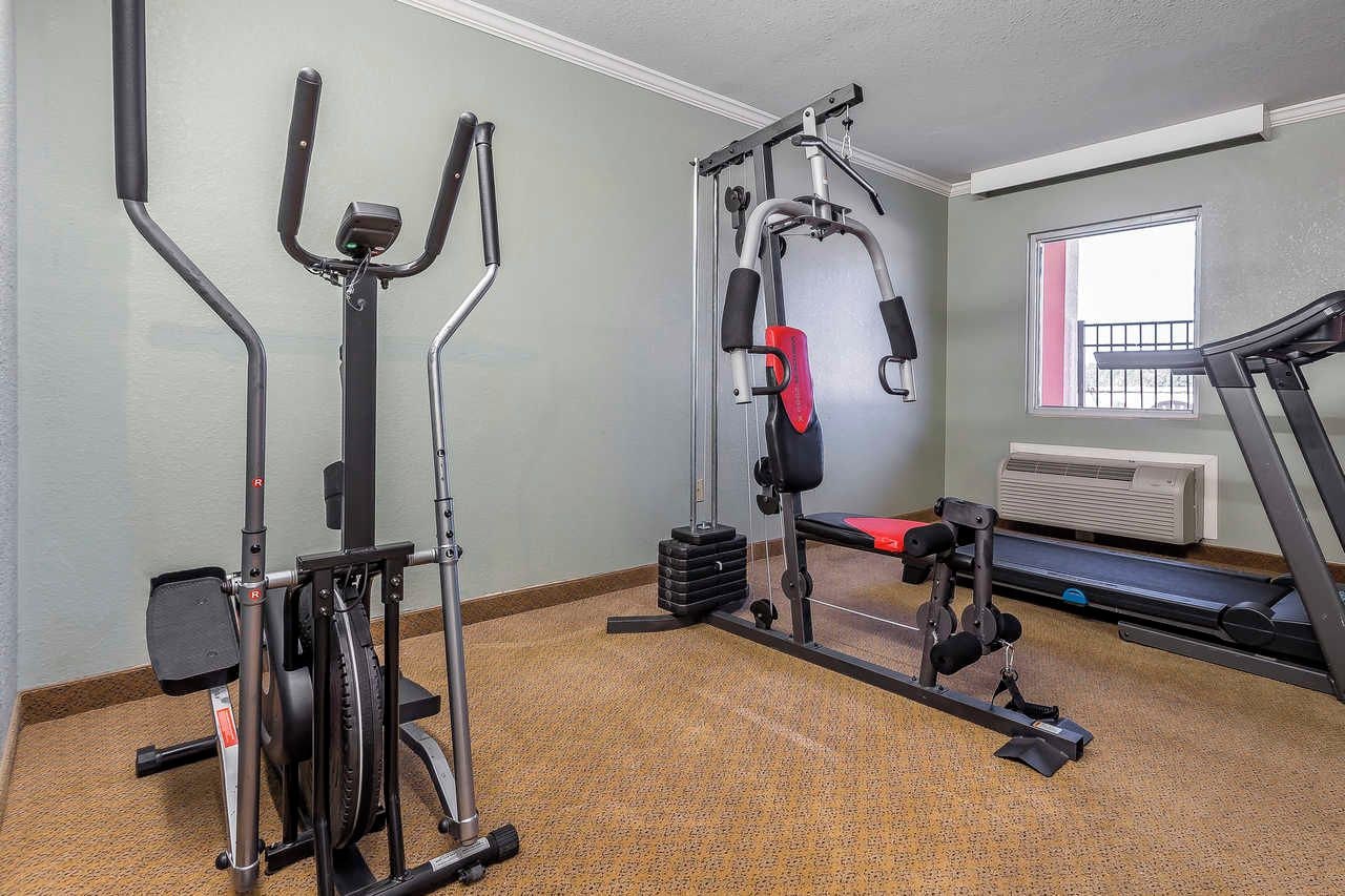 Une salle de sport équipée de divers appareils d’exercice, une fenêtre avec vue et un tapis de course.