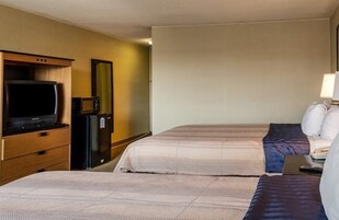 Habitación de hotel con dos camas, televisión, refrigerador y mesitas de noche con lámparas.