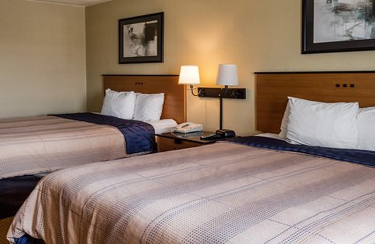 Una habitación de hotel con dos camas, una mesita de noche con lámpara y un cuadro enmarcado en la pared.