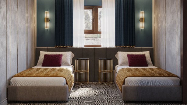 A hotel room with two beds, a patterned floor, and a window with curtains. - Botel Albatros (Prague)