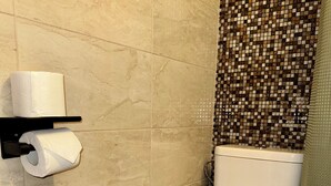 A bathroom with a toilet, a toilet paper holder, and a mosaic tile backsplash. - Botel Albatros (Prague)