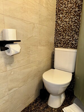 A bathroom with a toilet, a toilet paper holder, and a mosaic tile backsplash.