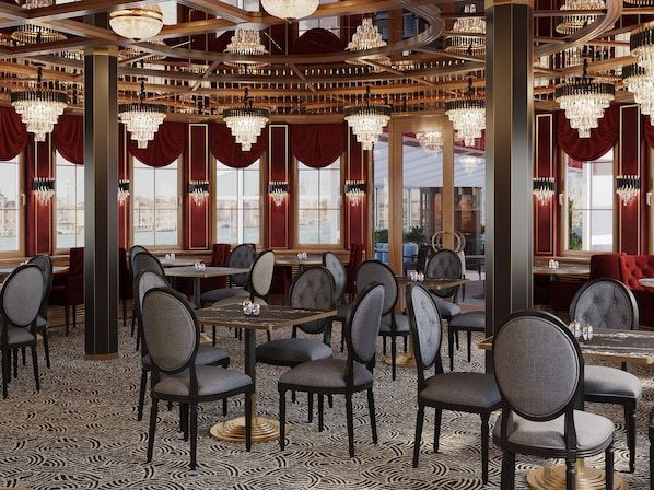 A restaurant interior with multiple tables and chairs, chandeliers, and large windows with curtains.