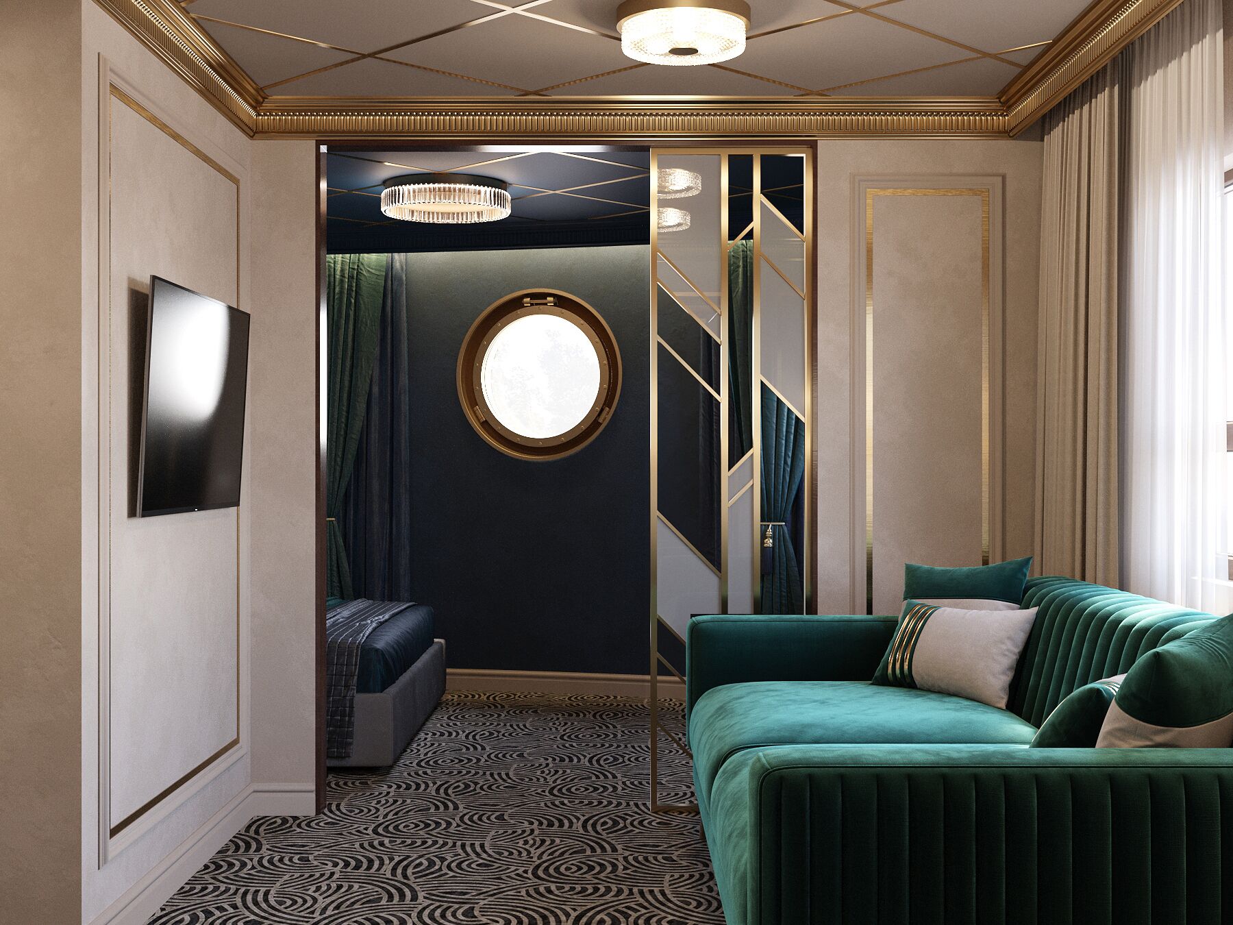 Ein Zimmer mit einem grünen Sofa, einem runden Spiegel, einer Chandelierleuchtre und einem gemusterten Teppich.