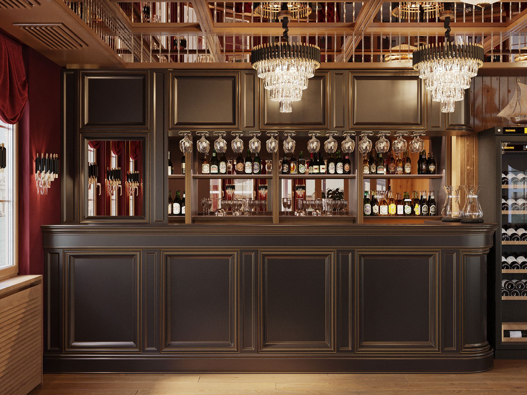 A bar area with a dark wood finish, multiple shelves of bottles, and hanging crystal chandeliers.