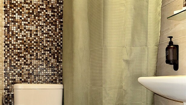 A bathroom with a toilet, a shower curtain, a sink, and a tiled wall. - Botel Albatros (Prague)