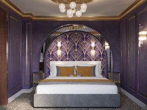 A luxurious bedroom with a large bed, ornate wallpaper, and a unique arched ceiling. - Botel Albatros (Prague)