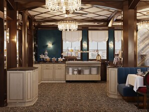 A luxurious interior with a patterned carpet, a bar area, and a seating section. - Botel Albatros (Prague)