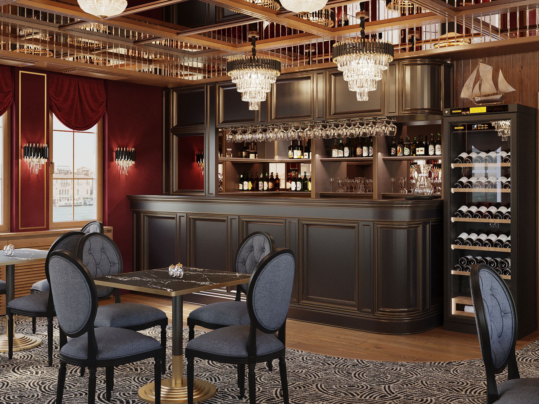 Eine Bar mit einer hohen Theke, mehreren Weinflaschen und einer Sitzecke mit Stühlen und einem Tisch.