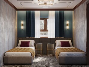A hotel room with two beds, a patterned floor, a large window with curtains, and wall-mounted lighting. - Botel Albatros (Prague)