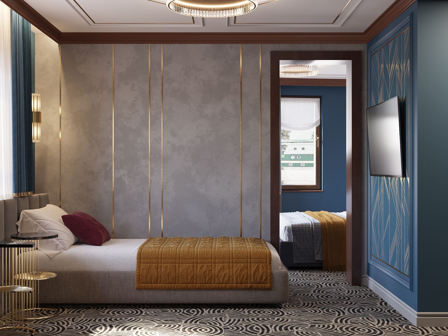 A hotel room with a bed, a bedside table, a television, and a patterned carpet.