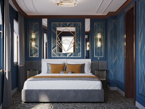 A hotel room with a large bed, decorative wall panels, and a chandelier. - Botel Albatros (Prague)