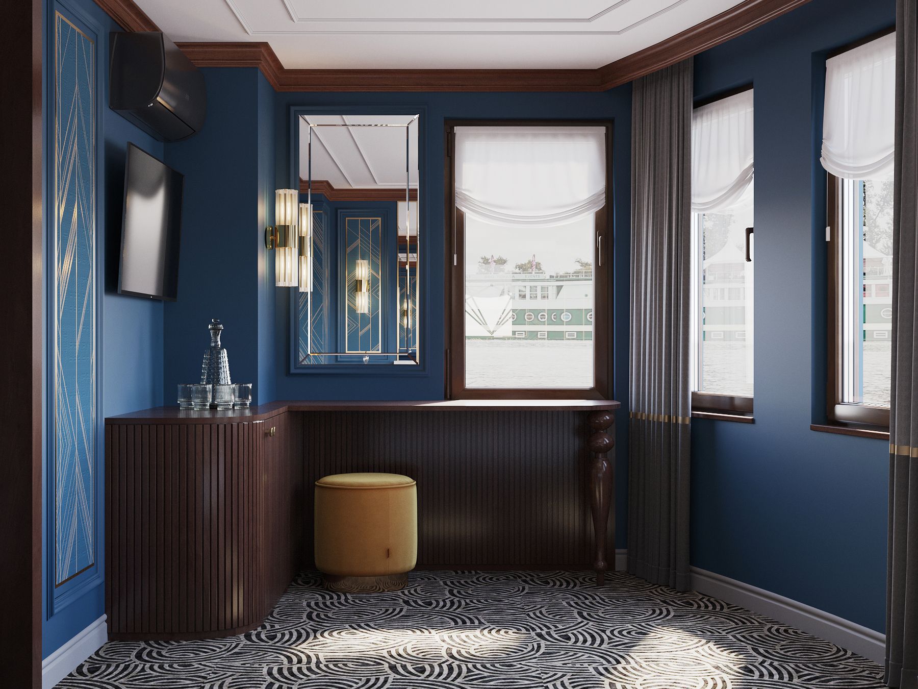 A room with a large window, a mirror, a cabinet, and a patterned floor.