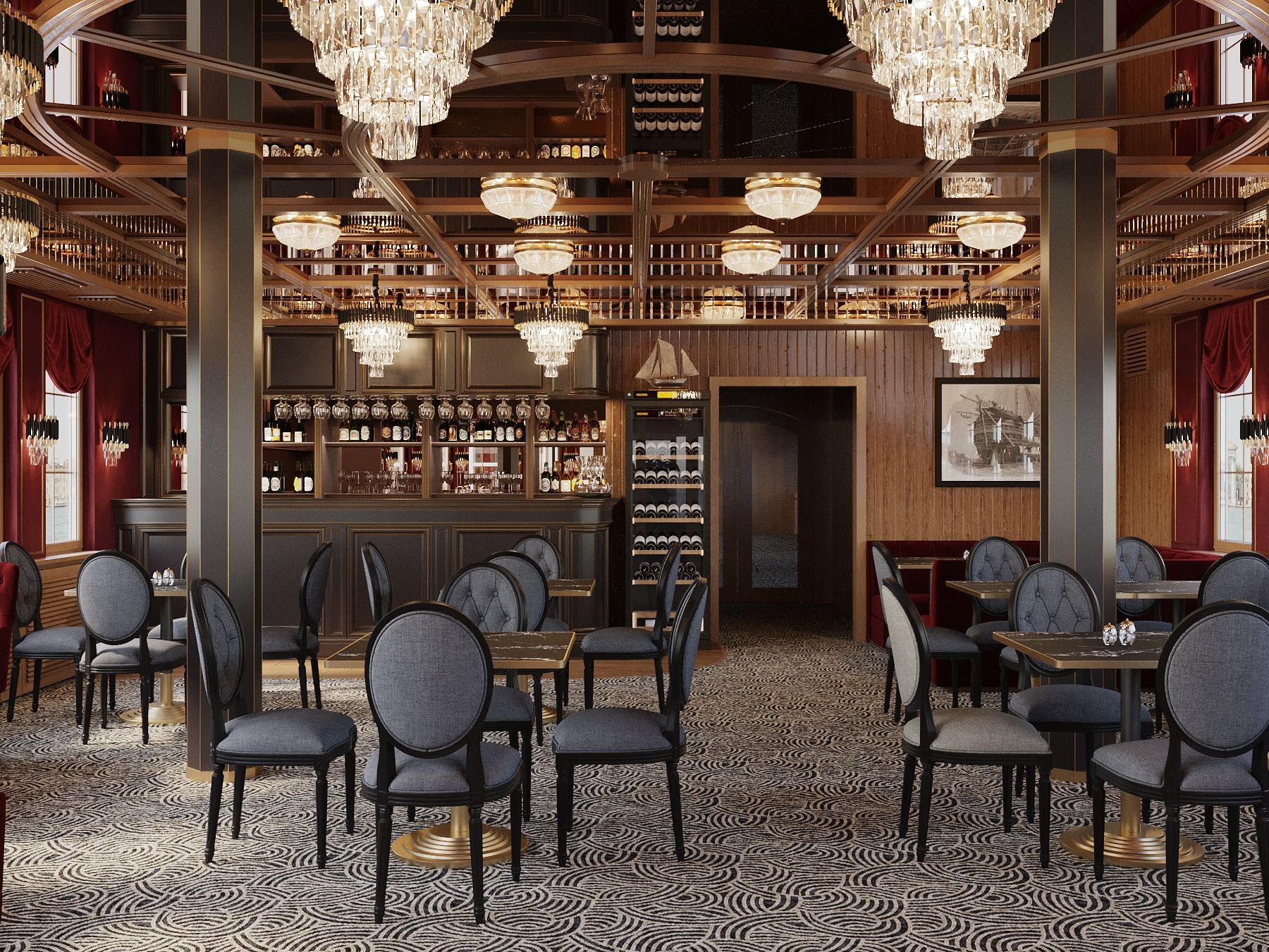 A bar area with multiple seating arrangements and a patterned carpet.