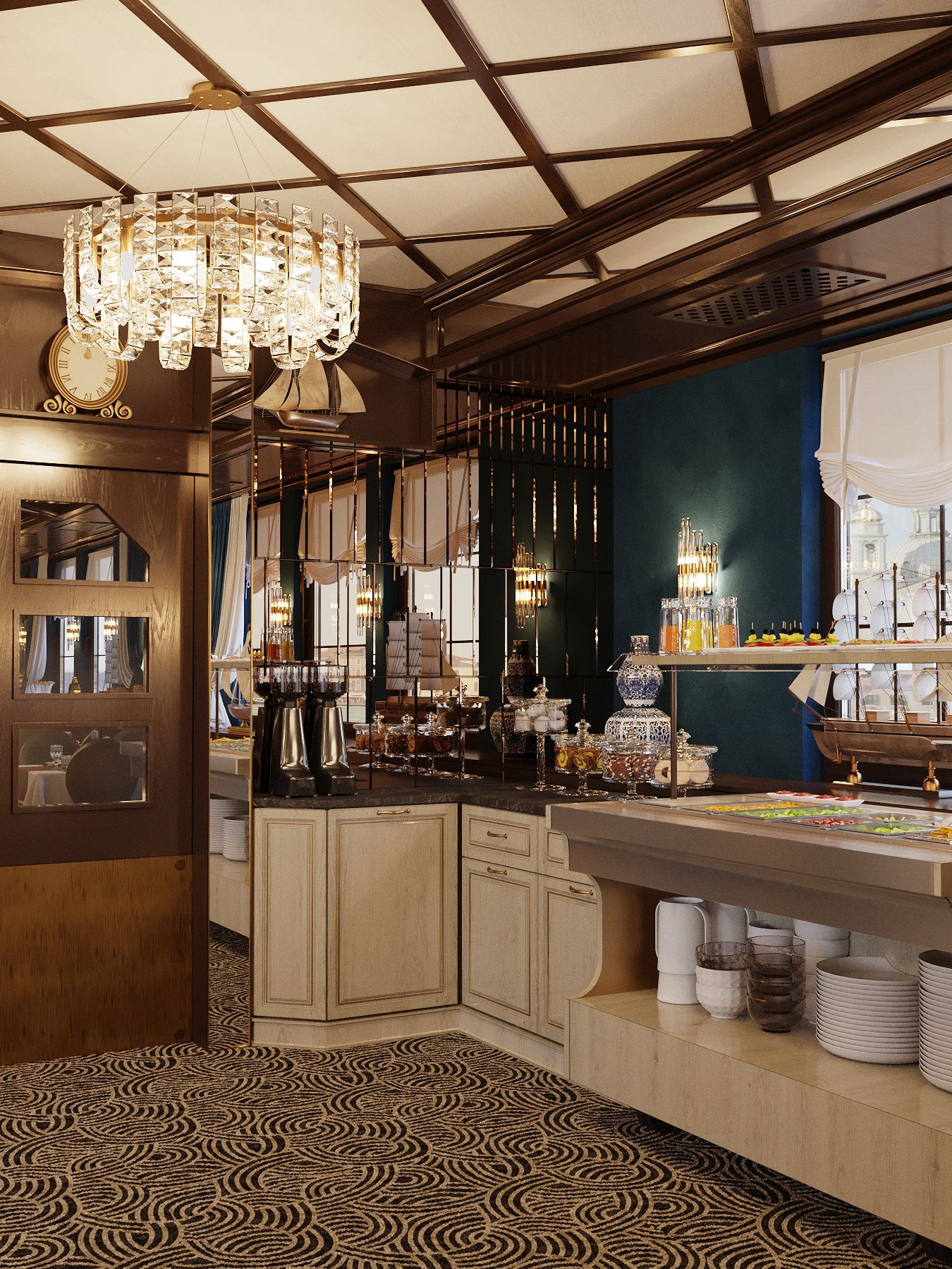 A bar area with a chandelier, bar stools, and a buffet setup.