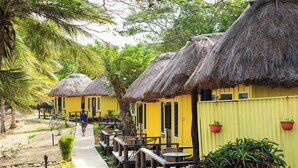 A row of yellow buildings with thatched roofs, wooden benches, and potted plants. - Funky Fish Beach Resort (Malolo Island)