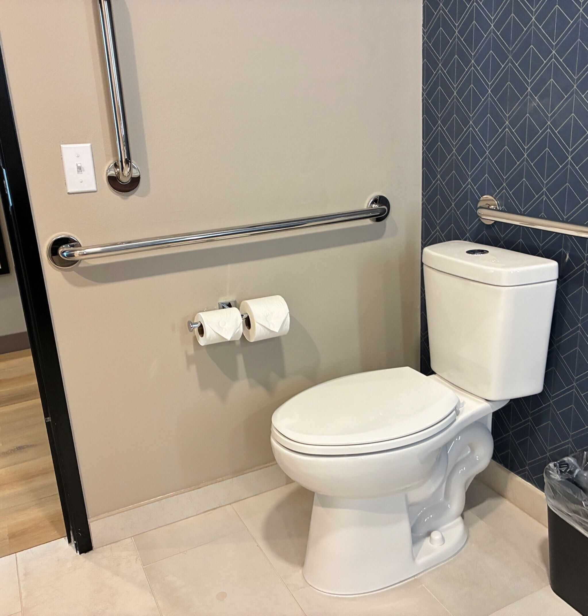 A white toilet with a grab bar, a roll of toilet paper, and a trash can.