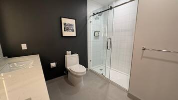 Un baño moderno con cabina de ducha de vidrio, inodoro y tocador de mármol.