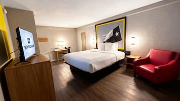 Down duvets, desk, laptop workspace, blackout curtains