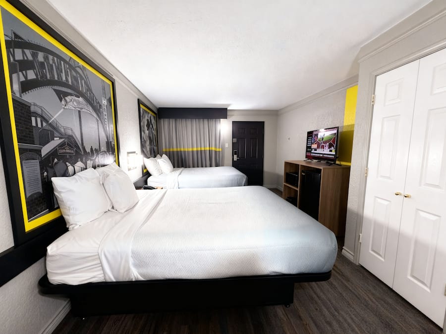 Down duvets, desk, laptop workspace, blackout curtains