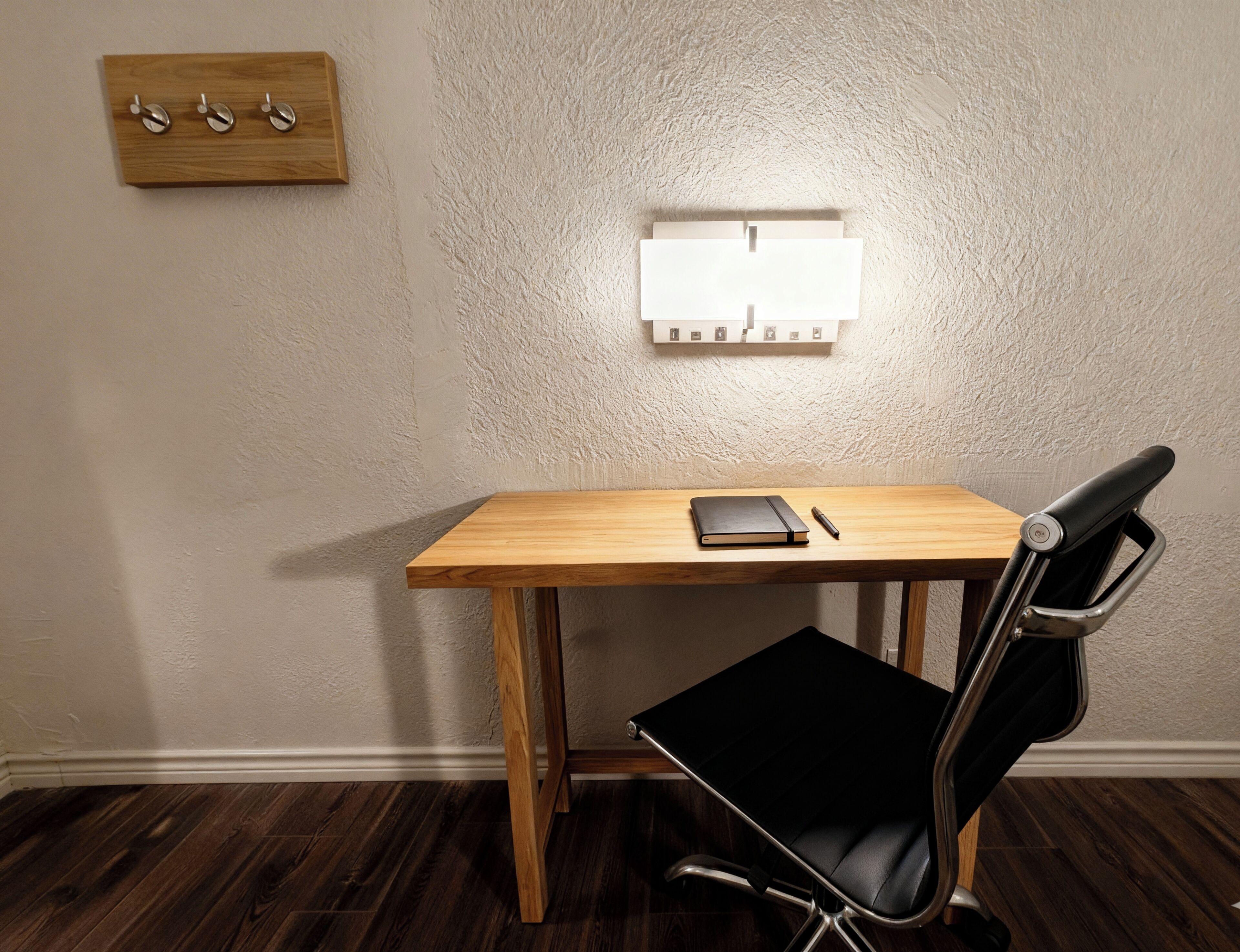 Down comforters, desk, laptop workspace, blackout drapes