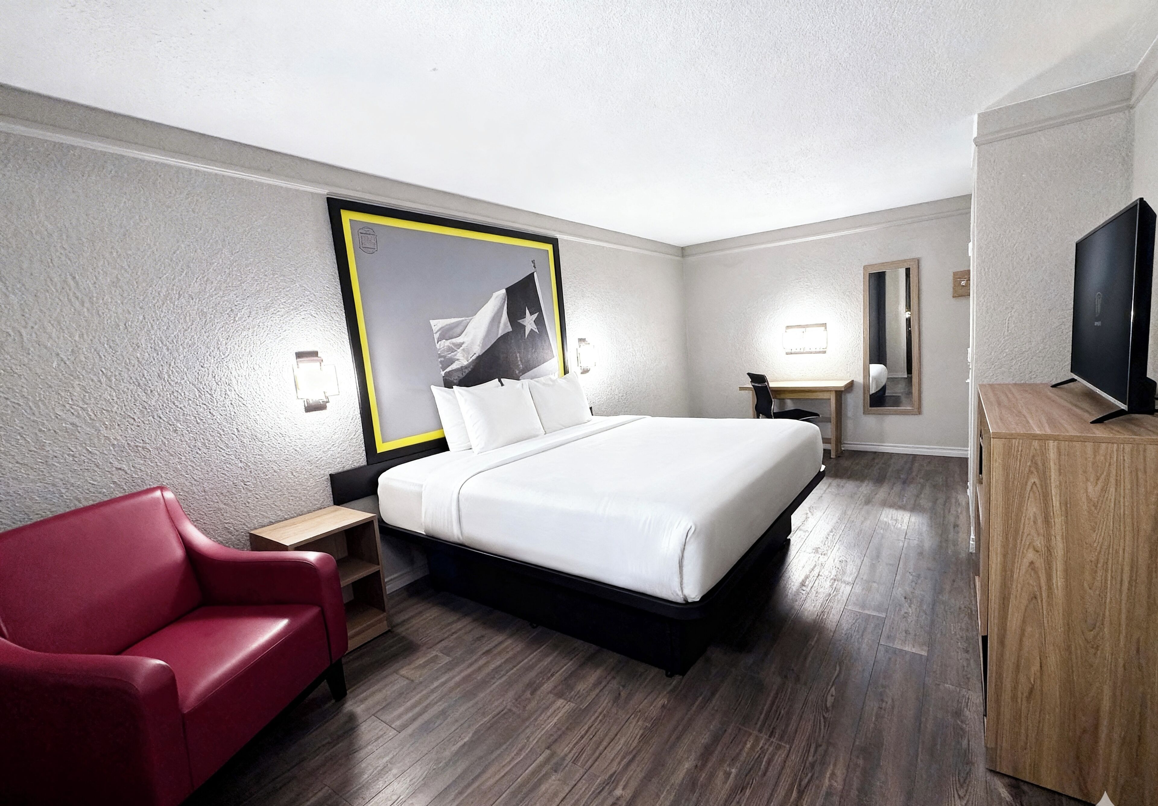 Down duvets, desk, laptop workspace, blackout curtains