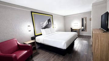 Down duvets, desk, laptop workspace, blackout curtains