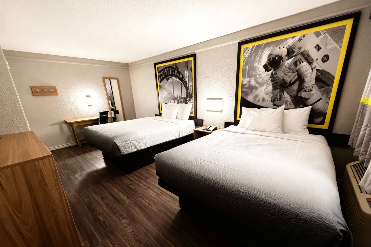 Down duvets, desk, laptop workspace, blackout curtains