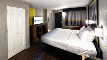 Down duvets, desk, laptop workspace, blackout curtains