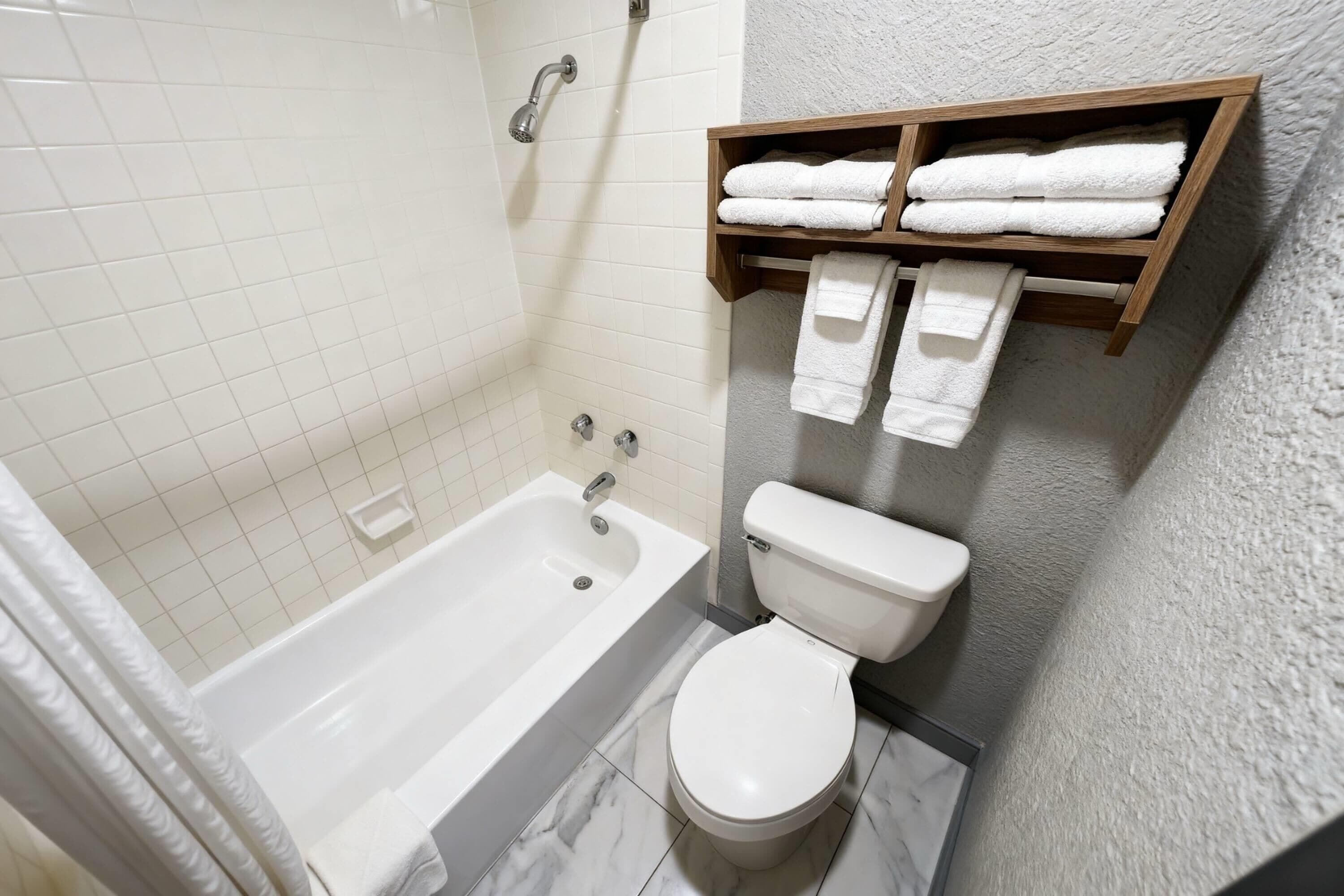 A bathroom with a bathtub, toilet, and a shelf with towels.