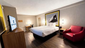 Down comforters, desk, laptop workspace, blackout drapes