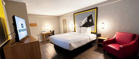 Down comforters, desk, laptop workspace, blackout drapes