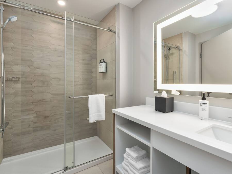 A modern bathroom with a glass-enclosed shower, a white sink, and a large mirror.